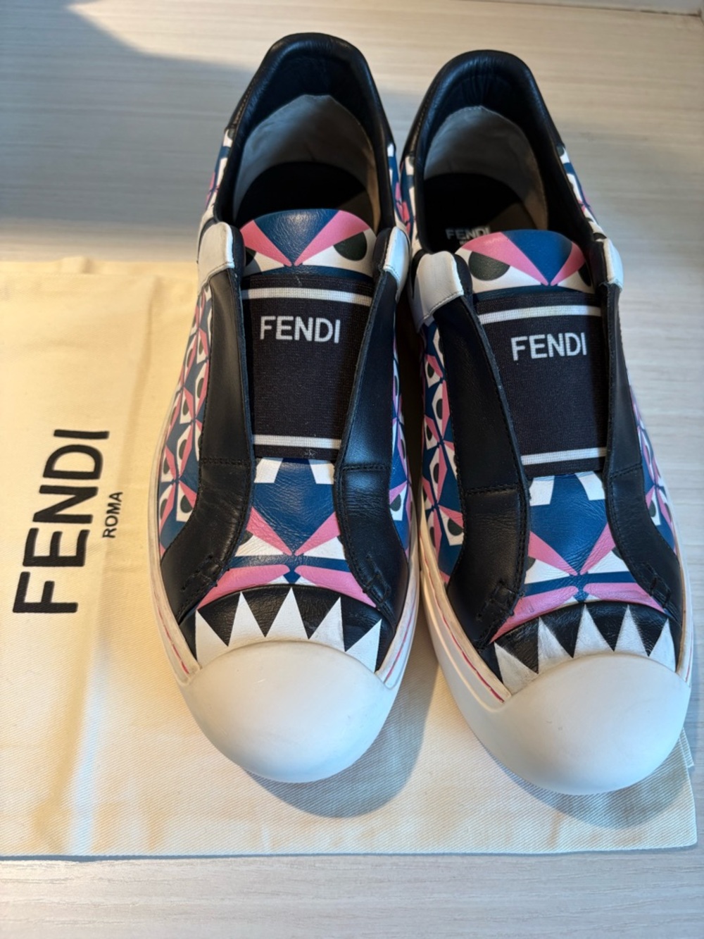 Fendi Black Pink Blue Graphic Slip-On Sneakers